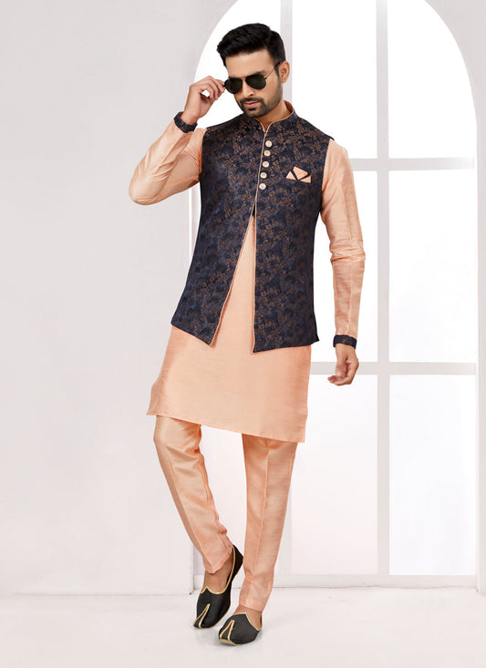 Peach Kurta Pyjama Set with Navy Blue Jacket
