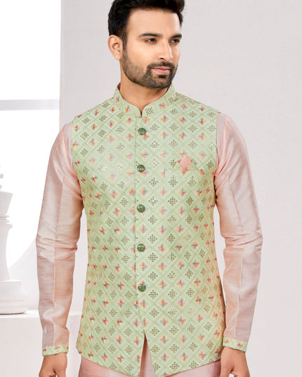 Peach Kurta Pyjama Set with Pista Green Jacket