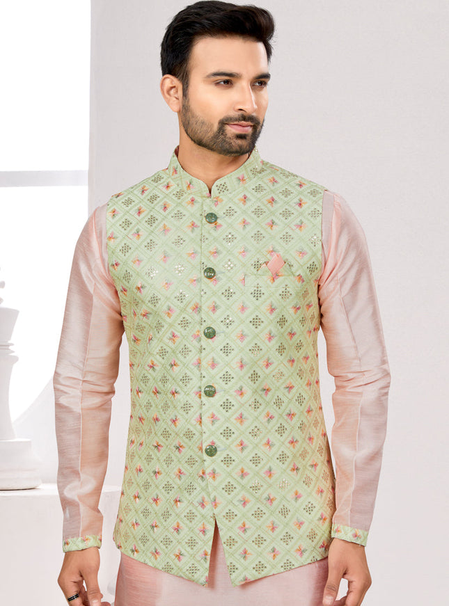 Peach Kurta Pyjama Set with Pista Green Jacket