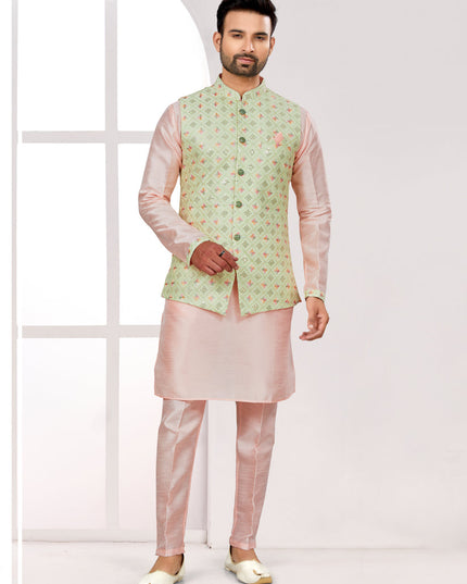 Peach Kurta Pyjama Set with Pista Green Jacket