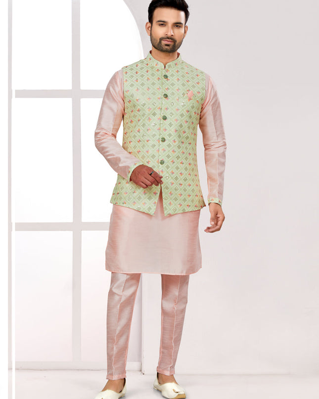 Peach Kurta Pyjama Set with Pista Green Jacket