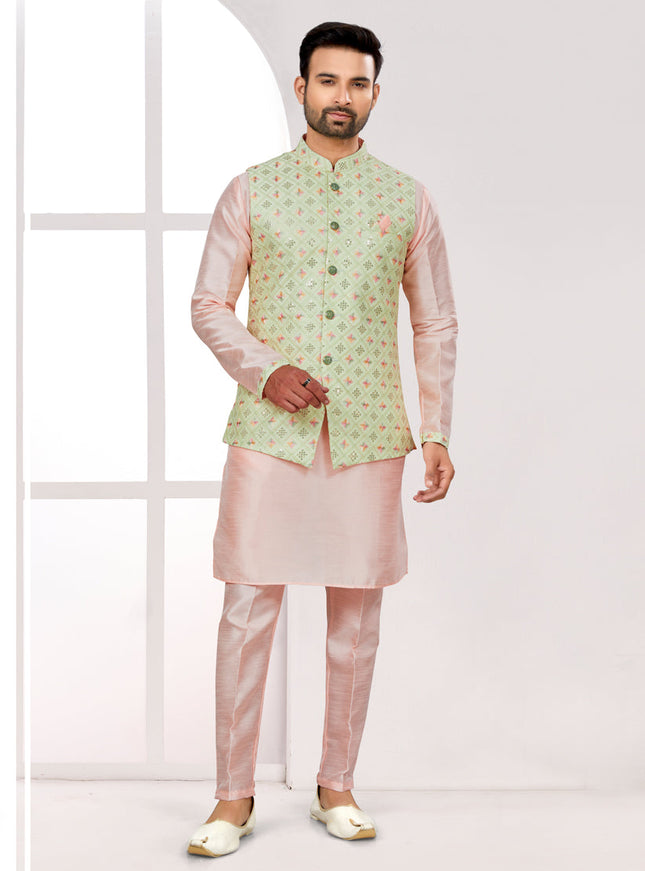 Peach Kurta Pyjama Set with Pista Green Jacket