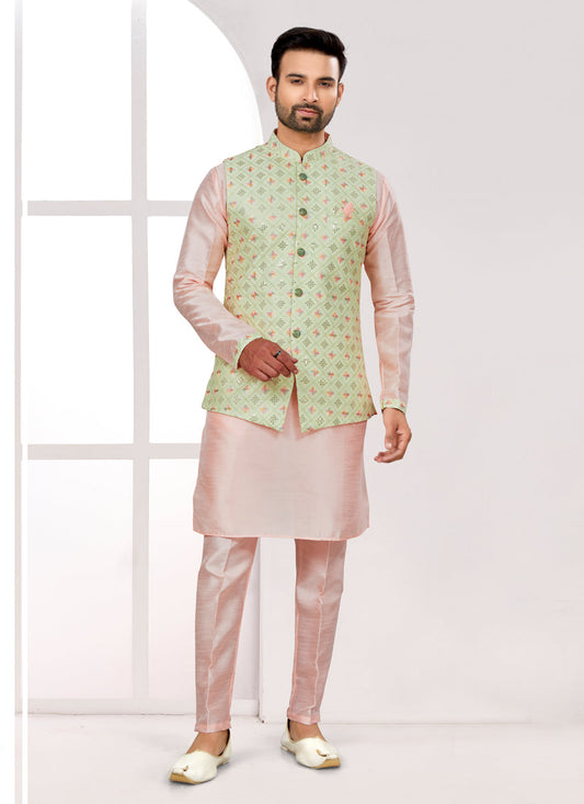 Peach Kurta Pyjama Set with Pista Green Jacket