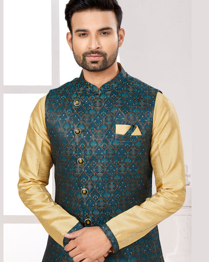 Beige Kurta Pyjama Set with Navy Blue Jacket