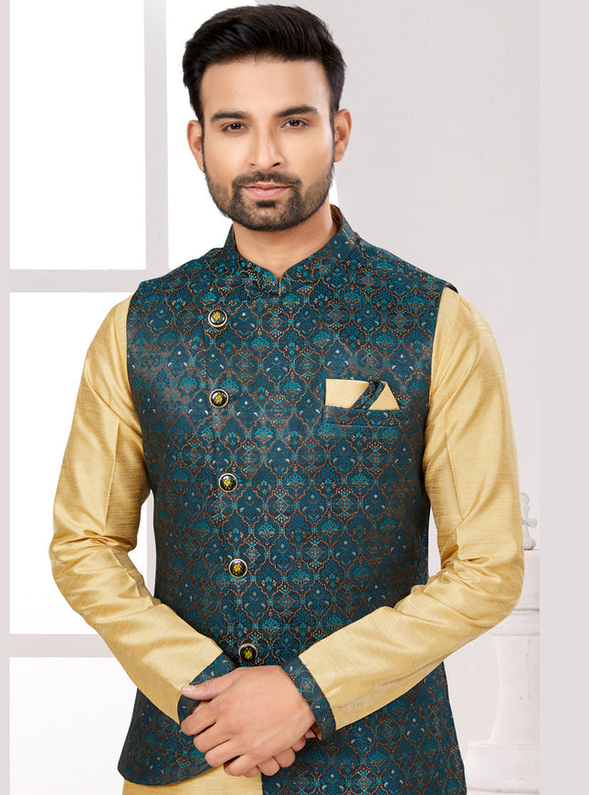 Beige Kurta Pyjama Set with Navy Blue Jacket