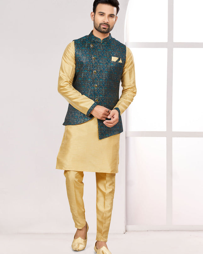 Beige Kurta Pyjama Set with Navy Blue Jacket