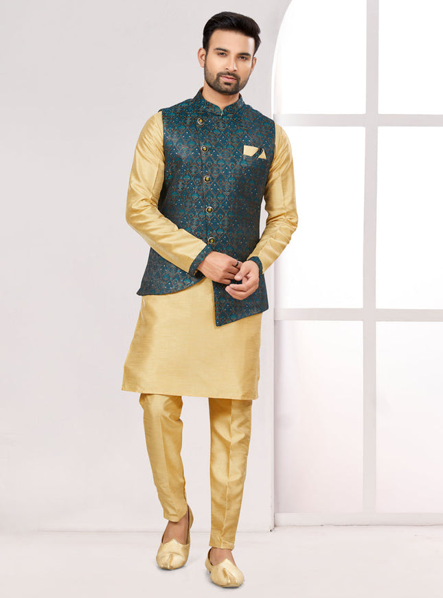 Beige Kurta Pyjama Set with Navy Blue Jacket