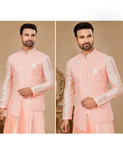 Peach Kurta Pyjama Set with Peach Jacket