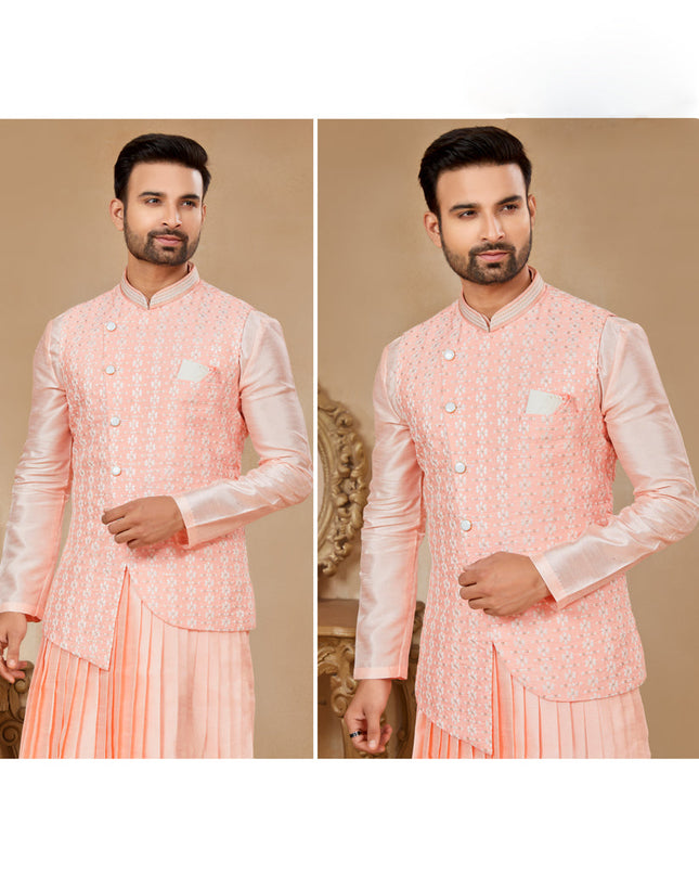 Peach Kurta Pyjama Set with Peach Jacket