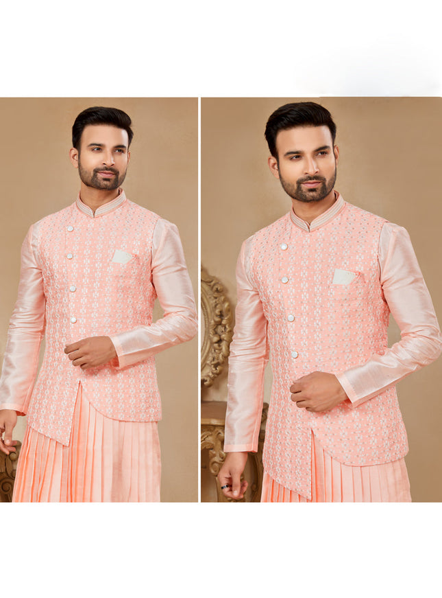 Peach Kurta Pyjama Set with Peach Jacket