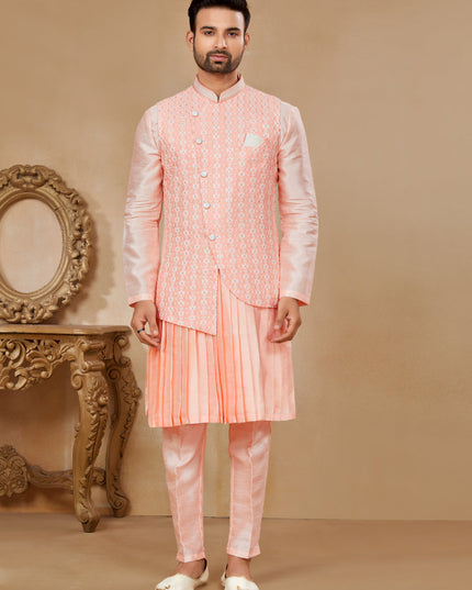 Peach Kurta Pyjama Set with Peach Jacket