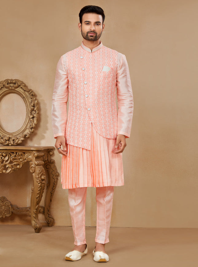 Peach Kurta Pyjama Set with Peach Jacket