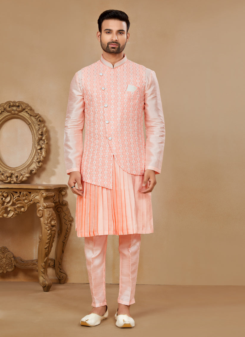 Peach Kurta Pyjama Set with Peach Jacket