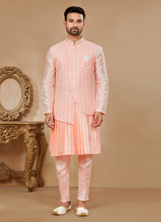 Peach Kurta Pyjama Set with Peach Jacket