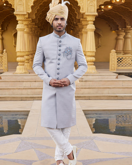 Grey Wedding Wear Sherwani