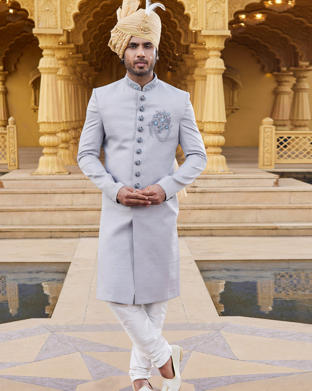 Grey Wedding Wear Sherwani