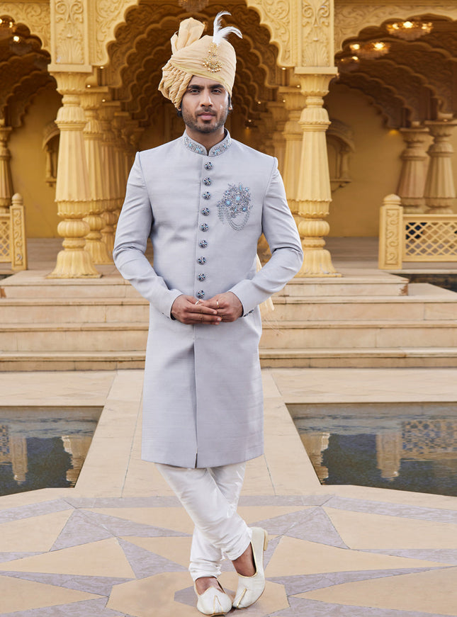 Grey Wedding Wear Sherwani