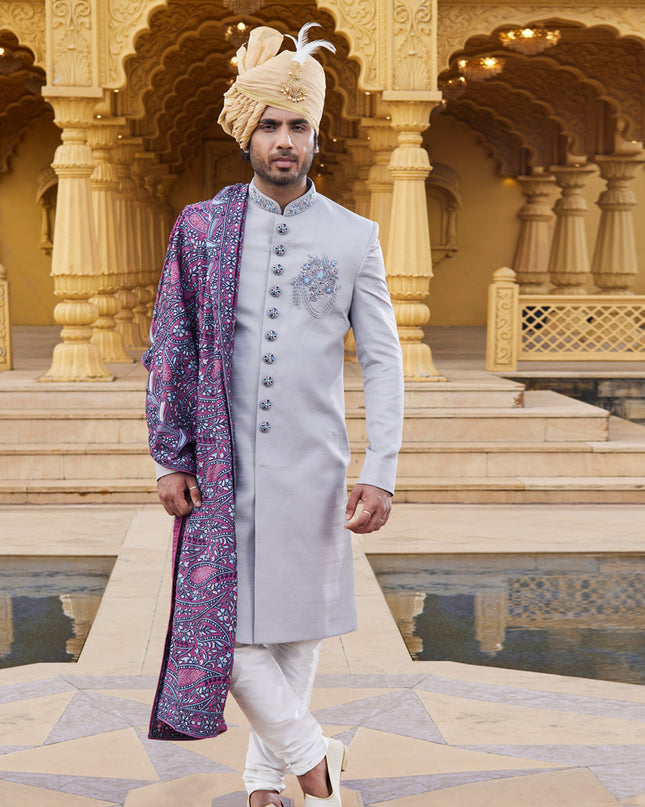 Grey Wedding Wear Sherwani