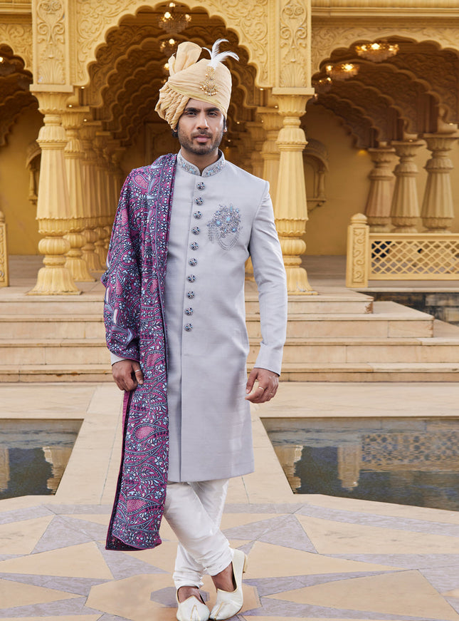 Grey Wedding Wear Sherwani