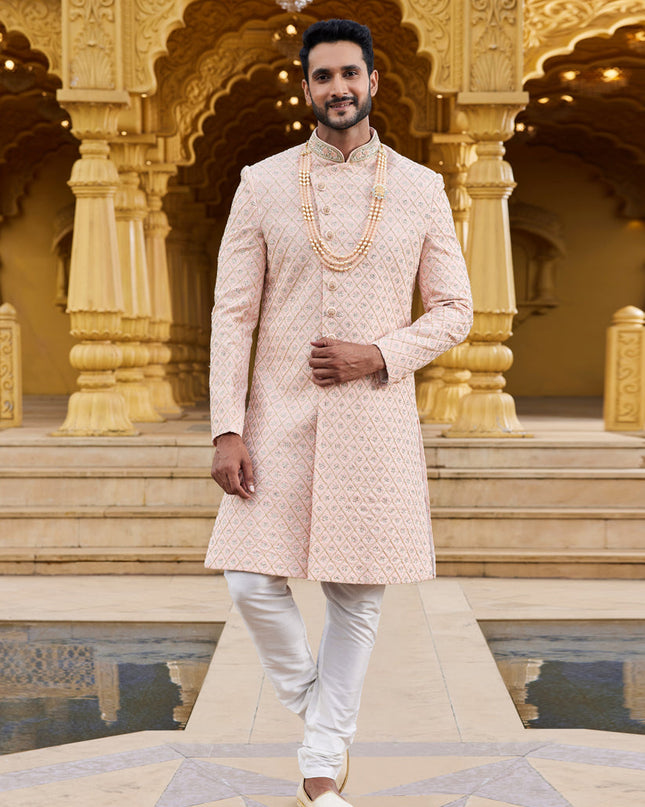Peach Wedding Wear Sherwani