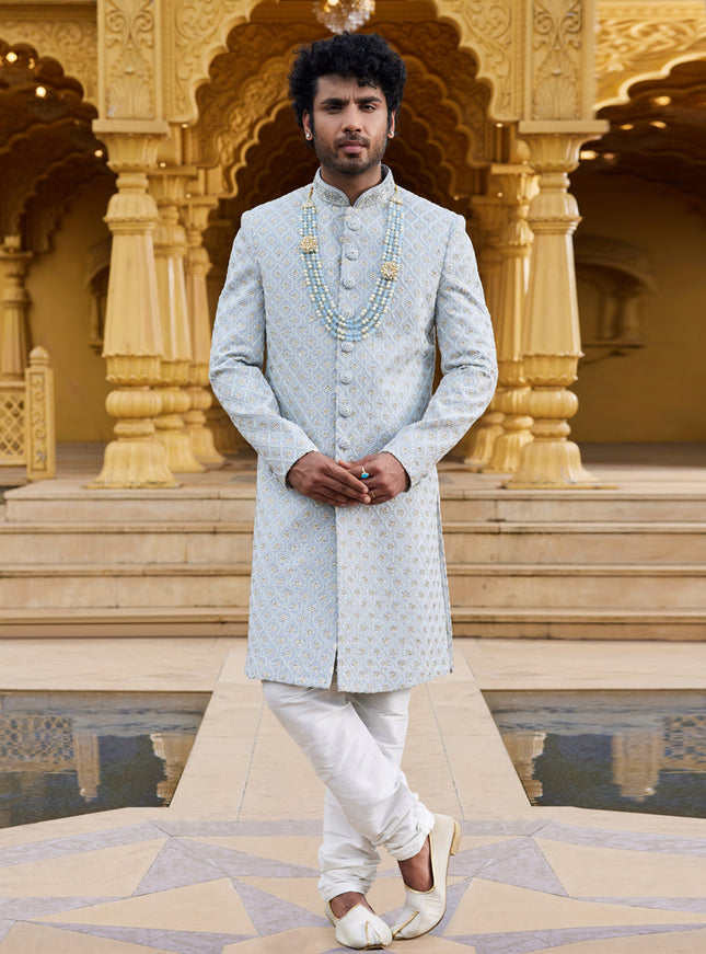 Grey Wedding Wear Sherwani
