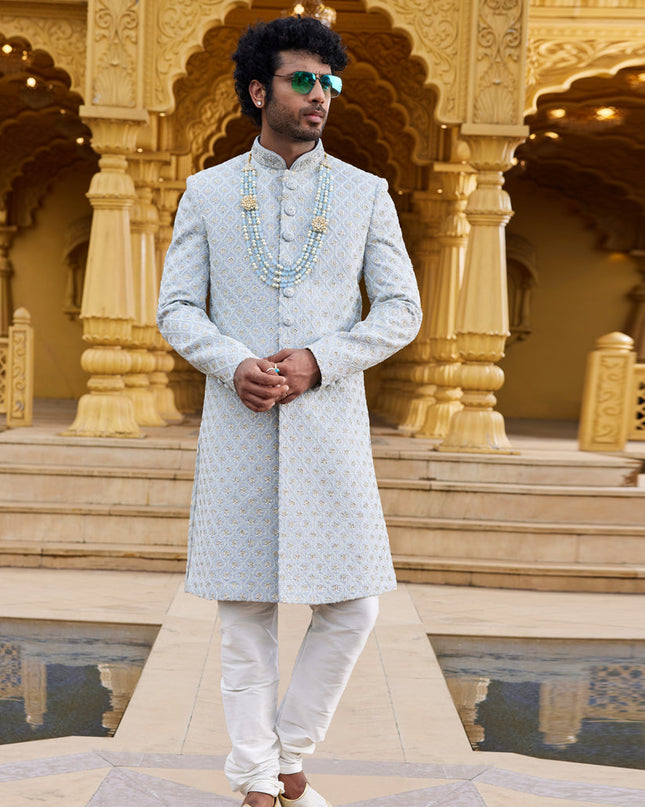 Grey Wedding Wear Sherwani