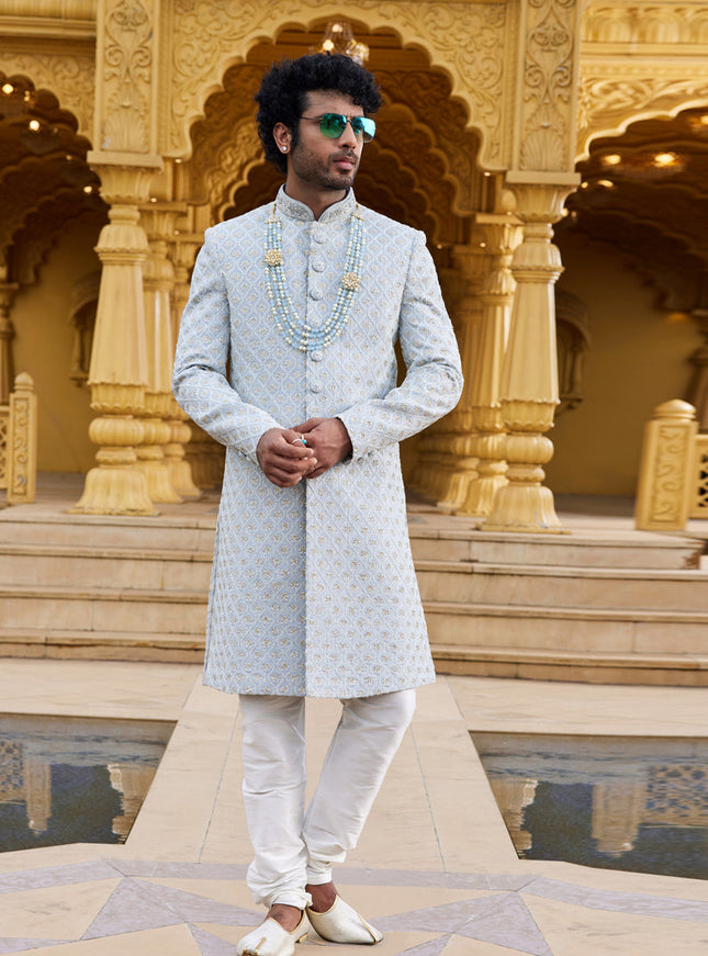 Grey Wedding Wear Sherwani