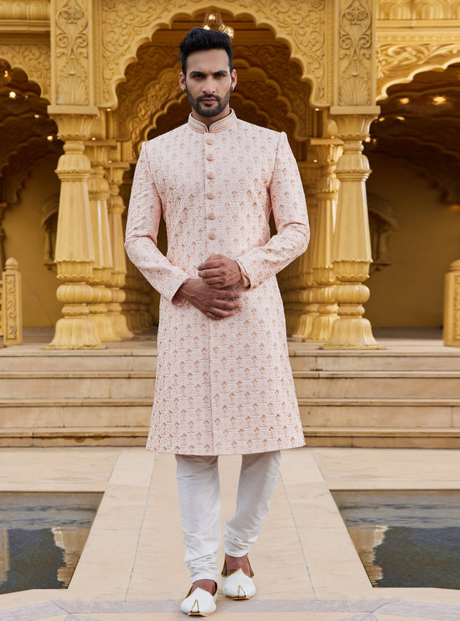 Peach Wedding Wear Sherwani