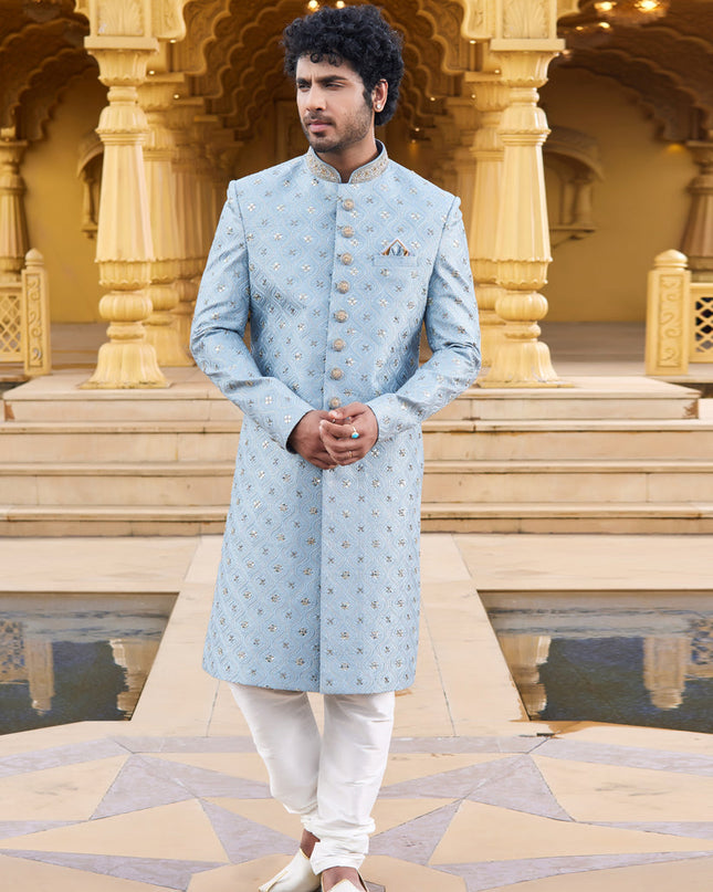 Sky Blue Wedding Wear Sherwani