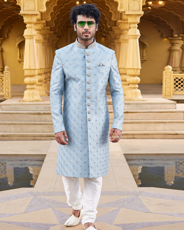 Sky Blue Wedding Wear Sherwani