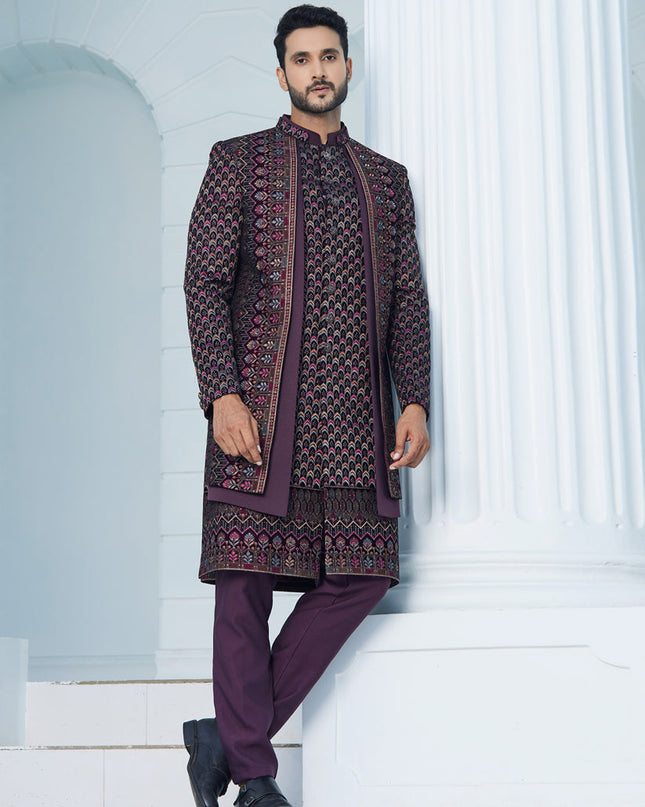 Wine Velvet Computer Embroidered Indo Western Outfit