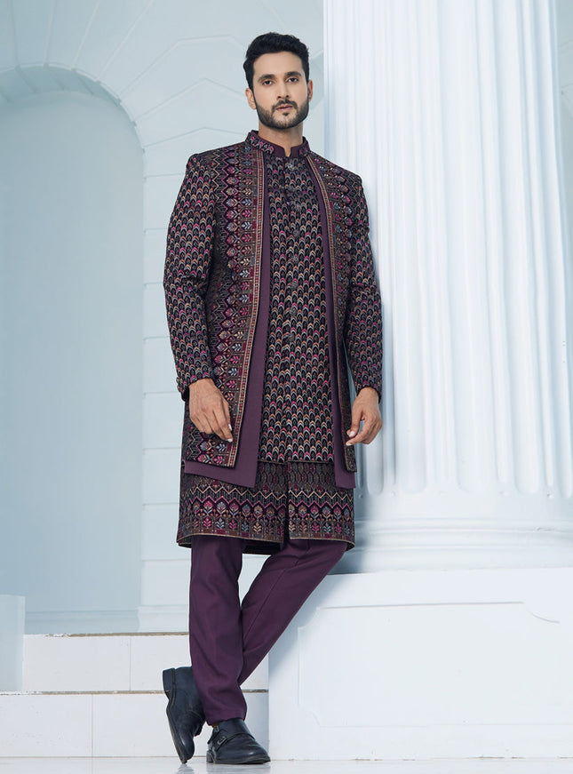 Wine Velvet Computer Embroidered Indo Western Outfit