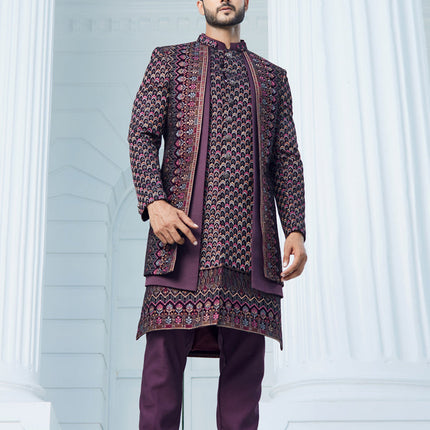 Wine Velvet Computer Embroidered Indo Western Outfit