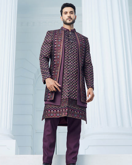 Wine Velvet Computer Embroidered Indo Western Outfit