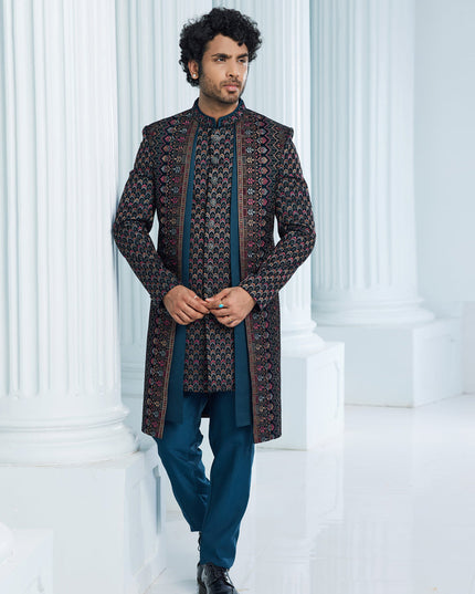 Teal Green Velvet Computer Embroidered Indo Western Outfit