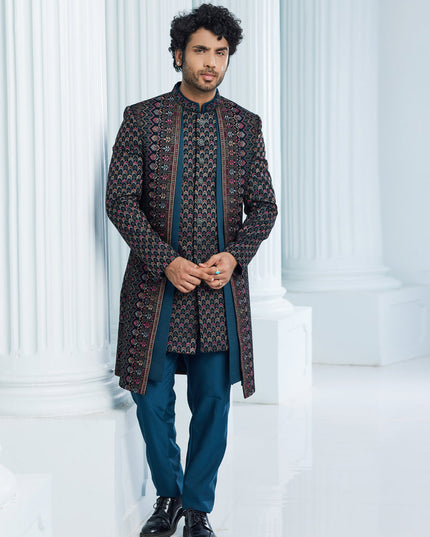 Teal Green Velvet Computer Embroidered Indo Western Outfit