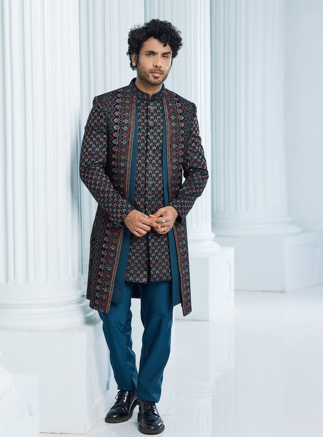 Teal Green Velvet Computer Embroidered Indo Western Outfit