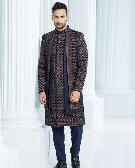 Navy Blue Velvet Computer Embroidered Indo Western Outfit