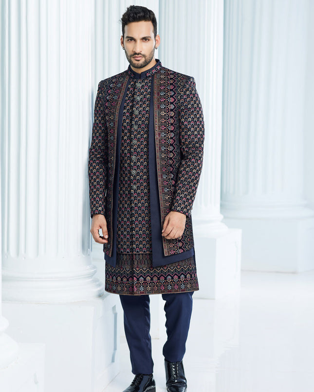 Navy Blue Velvet Computer Embroidered Indo Western Outfit