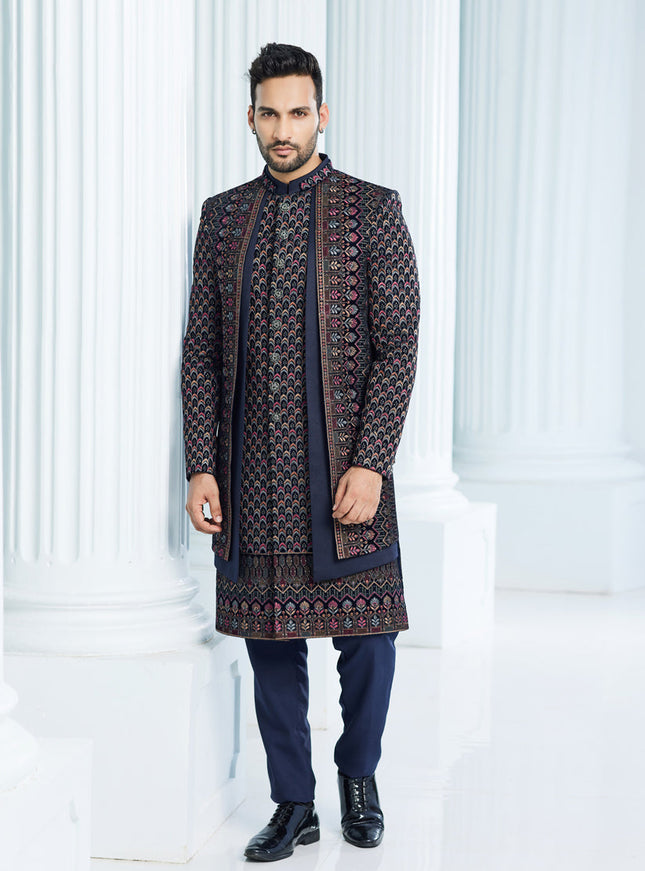 Navy Blue Velvet Computer Embroidered Indo Western Outfit