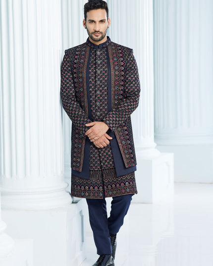 Navy Blue Velvet Computer Embroidered Indo Western Outfit