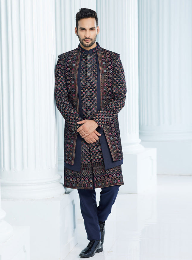 Navy Blue Velvet Computer Embroidered Indo Western Outfit