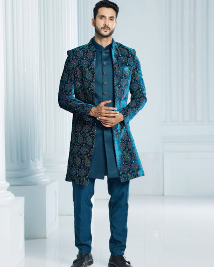 Teal Green Velvet Computer Embroidered Indo Western Outfit