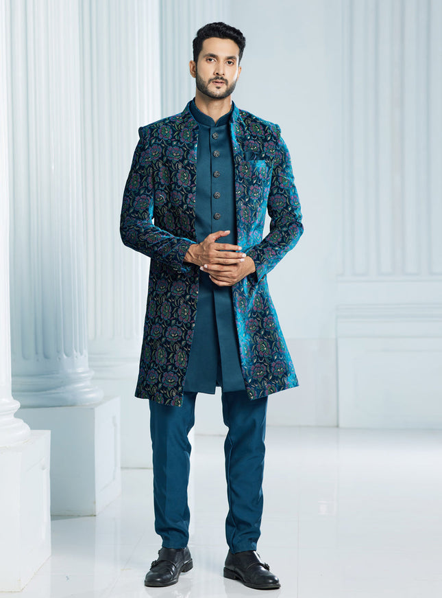 Teal Green Velvet Computer Embroidered Indo Western Outfit