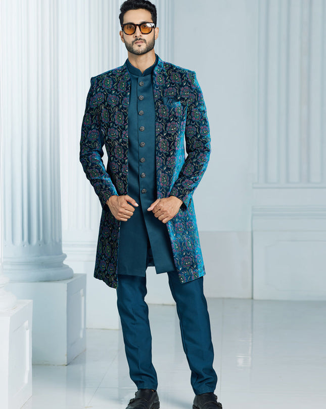 Teal Green Velvet Computer Embroidered Indo Western Outfit