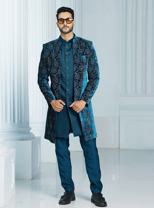 Teal Green Velvet Computer Embroidered Indo Western Outfit