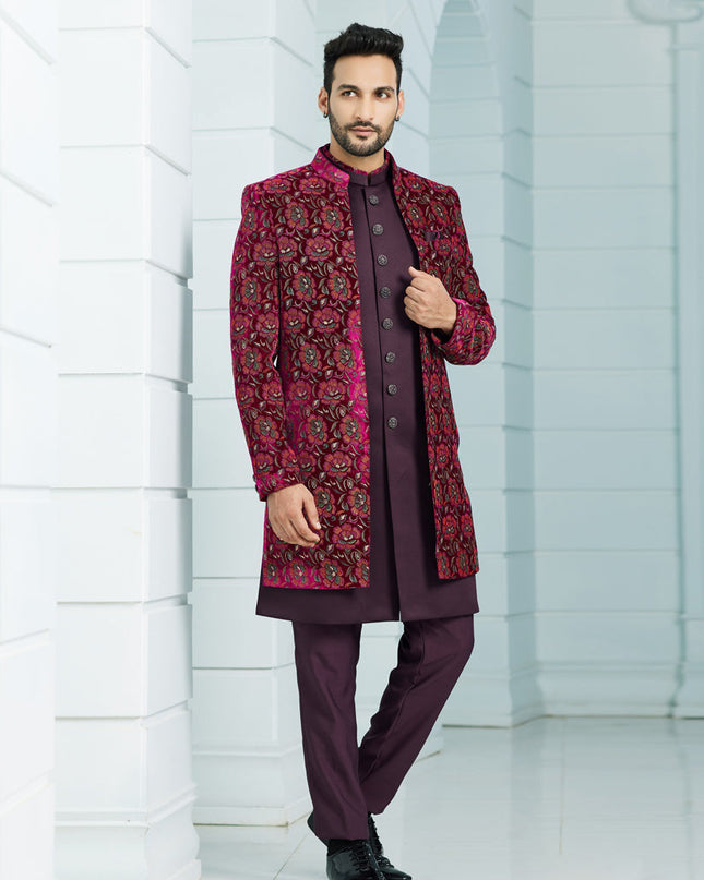 Wine Velvet Computer Embroidered Indo Western Outfit