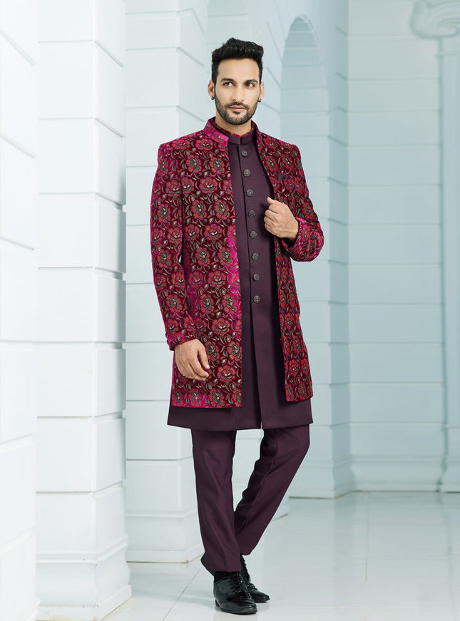 Wine Velvet Computer Embroidered Indo Western Outfit