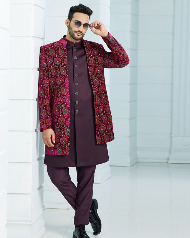 Wine Velvet Computer Embroidered Indo Western Outfit