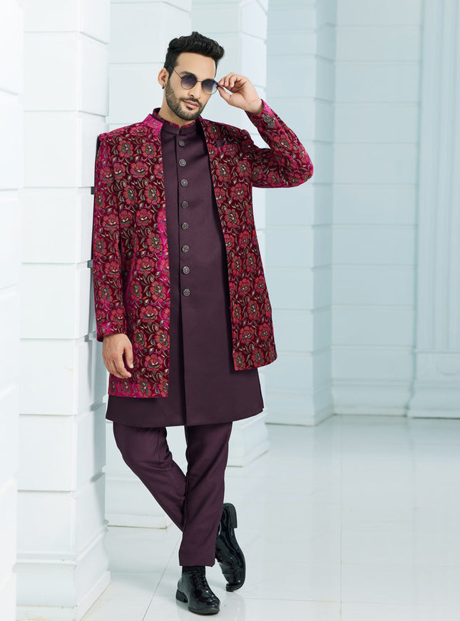Wine Velvet Computer Embroidered Indo Western Outfit